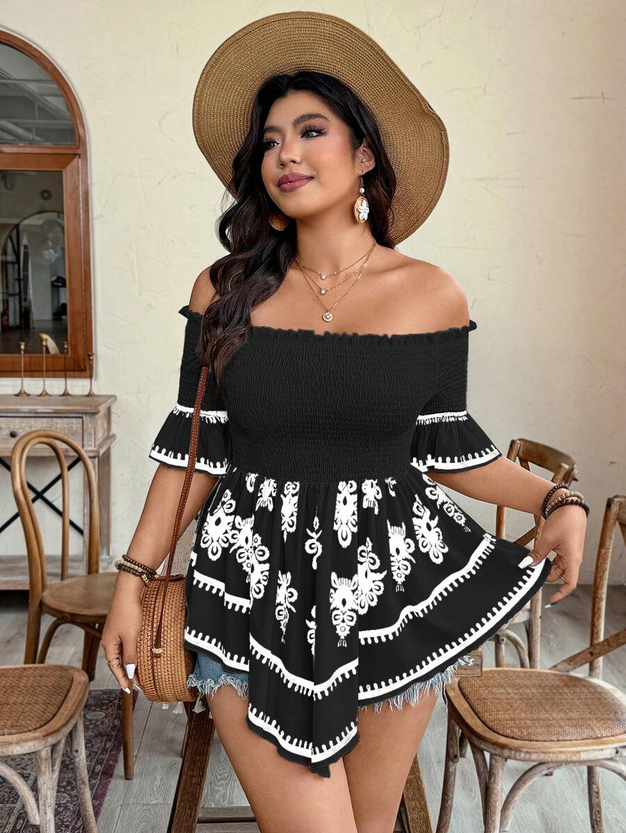 SHEIN Clasi 大码休闲度假印花露肩收腰不对称下摆衬衫