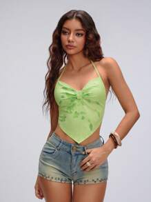 TRNVIE 女式夏季度假风格领带印花不对称下摆衬衫 - 綠色 - 查看 3