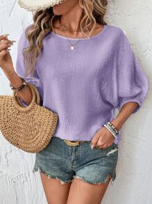 SHEIN LUNE Blusa casual de mujer de unicolor con mangas raglán de murciélago, camisa básica de uso diario para primavera/verano