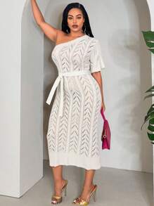 Slaydiva 1pc White Textured Knit One-Shoulder Bodycon Long Dress - White - View 3