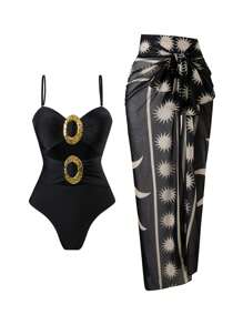 Swim Oasis 2 件套女式纯色和随机花卉印花细肩带金属装饰镂空连体泳衣和裙子套装，夏季