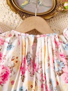 SHEIN Cute Baby Girl Summer Vacation Floral Print Pleated Loose Mini Dress With Cap Sleeves - Multicolor - View 8