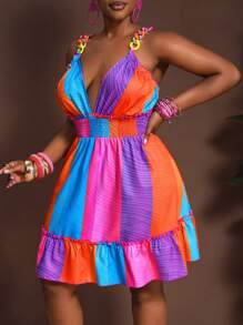 Slaydiva Sexy Vacation & Date Multicolor Ring Strap Waist A-Line Ruffle Hem Colorful Stripe Pattern Plus Size Women Dress, Spring/Summer - Multicolor - View 3