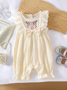 Infant Girls' Korean Style Casual Embroidered Flower & Ruffle Double-Layered Romper, Summer