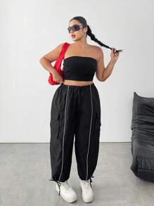 SHEIN PETITE CURVE Plus Size Elastic Waist Drawstring Cargo Pocket Pants With Ribbed Hem, Suitable For Short Stature - Black - View 8