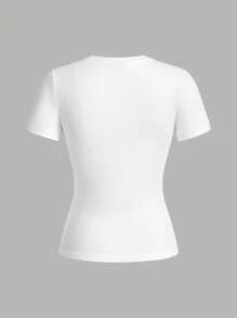 SHEIN EZwear 女式仿水钻字母蝴蝶结印花条纹休闲修身短袖 T 恤三件套，适合夏季、海滩度假 - 彩色 - 查看 3