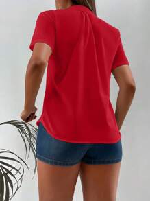 INAWLY Rhinestone Decor Short Sleeve Casual Shirt, Summer - Red - View 2