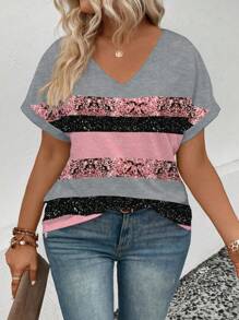 SHEIN Women's Casual V-Neck Short Sleeve Roll Sleeve Multicolor Ombre Print Plus Size T-Shirt - Multicolor - View 5