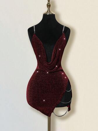 SHEIN ICON Exaggerated Draped Neck Rhinestone Decor Criss-Cross Open Back High Slit Mini Dress