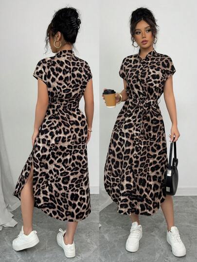 Rafferiza Petite Vestido de manga corta largo de verano 2025 para mujer talla pequeña (PETITE) con estampado de leopardo, botones frontales, cinturón, bolsillo con lazo, aberturas laterales; elegante casual para viajes de negocios y vacaciones