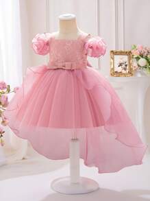Baby Girls' Elegant Multilayer Mesh Ruffled Bow Decor Flared Sleeve Trailing Puff Skirt Pageant Dress, Suitable For Baby Birthday Party, Pink Square Neck - Dusty Pink - View 4