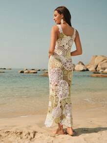 Anewsta 女士钩针编织长款连衣裙，女士沙滩度假装，吊带，多色花卉图案，春夏款