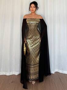 Islaluna Elegant & Graceful Islamic Black & Gold Color Block Sleeveless Fitted Dress, Shoulder-Less, Long Sleeve Gown For Women Fall Cloth For Women