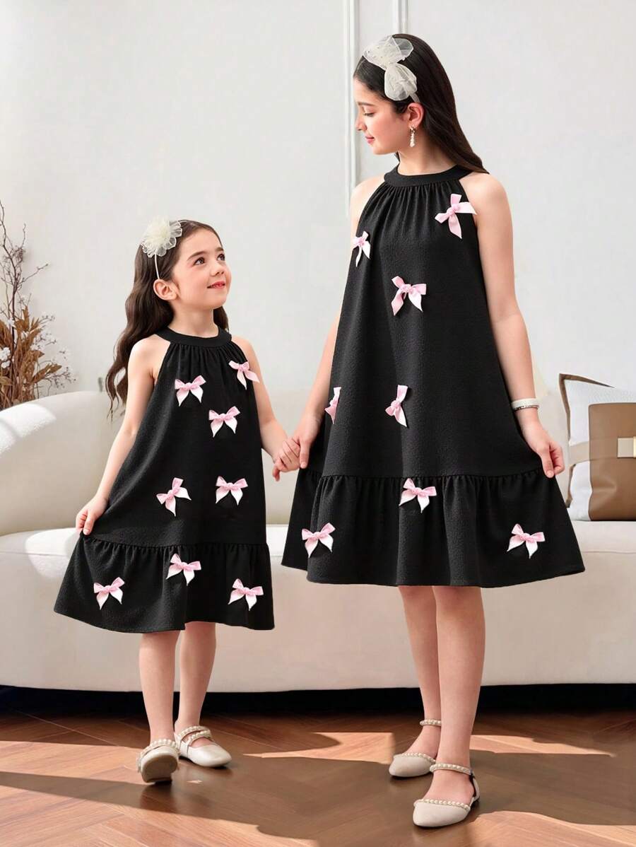 SHEIN Young Girl Woven Sleeveless Midi A-Line Cake Dress With Pink Bow Decor,Summer 7th Birthday Princess Party Wear,Mom & Daughter Matching Family Outfits - Black - View 1