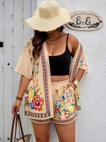 Breezaya Random Floral Plus Size Women 2 Pieces Set: Short Sleeve Shirt And Shorts - Multicolor - View 3