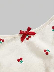 ROMWE Kawaii Summer Pastoral Sweet Cherry All-Over Print Ruffle Trim Bow Casual Ladies Pajama Set - Multicolor - View 7