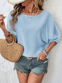 SHEIN LUNE Women's Casual Solid Color Dolman Sleeve Batwing Sleeve 3/4 Sleeve Blouse For Spring And Summer Daily Wear - Baby Blue - View 4