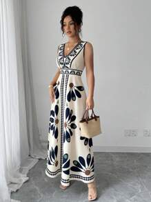 Elenzga Floral Print V-Neck Sleeveless Dress For Women, Vacation