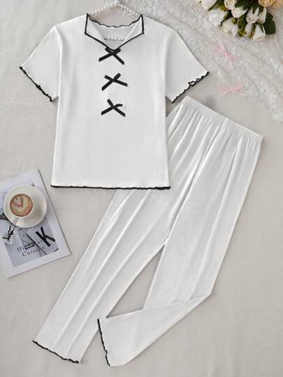 SHEIN 2 件女童休闲柔软牛奶丝蝴蝶结衬衫和宽松裤子套装，春夏秋