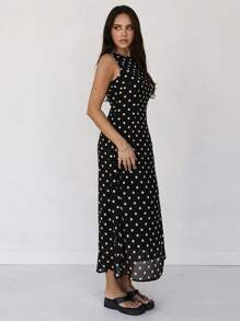 Almamuse New Polka Dot Print Elegant Round Neck Sleeveless Chiffon Dress - Black - View 4