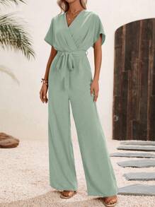 SHEIN Clasi Women Summer Casual Solid Color V-Neck Jumpsuit