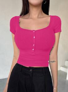 DAZY Áo thun ngắn tay màu trơn dáng casual dành cho nữ, kiểu dáng mùa hè thanh lịch, dễ thương. - Màu Hồng Tươi - Xem 4