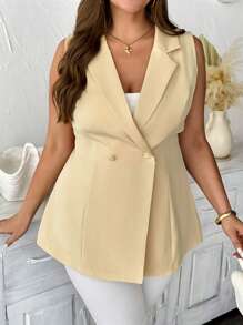 SHEIN Clasi 大码女式春夏法式时尚优雅休闲度假/通勤纯色西装外套双排扣后背蝴蝶结腰部喇叭形 A 字形无袖衬衫 - 黃色 - 查看 6