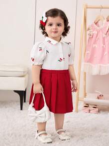 Babygirl Cherry Print Short Sleeve Blouse And Pleated Elastic Waist Skirt Set, Summer - White - View 6