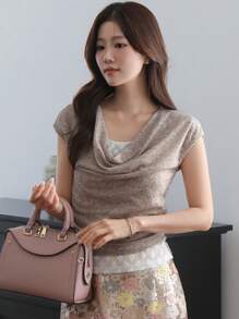 DAZY maglietta elegante da donna per vacanza, collo a barca, in chiffon e pizzo, slim fit