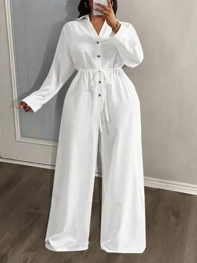 Slaydiva 2025 Nytt mode vit fritidsskjorta blus med knapp framtill och knytband i midjan, plusstorlek plisserade vida ben Jumpsuit Romper, Lämplig för vår sommar avslappnad, födelsedagsfest, dagligt slitage, datum