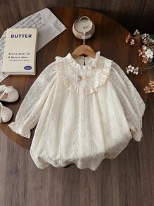 SHEIN Vestito da principessa elegante per ragazze con colletto arricciato, bordi in pizzo, ricamo, taglio ampio, doppio rivestimento, adatto per vacanza, viaggio, festa, regalo, primavera/autunno - Albicocca - Visualizzare 3