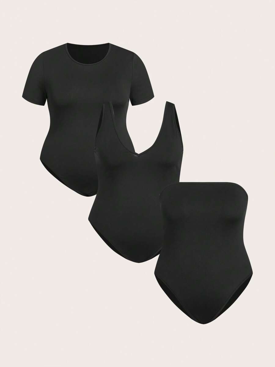 SHEIN EZwear 3pcs Black Plus Size Bodysuit Set - Black - View 1