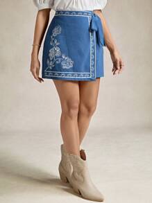 Wildy Women's Teacher Back To School Vintage Modest Cute Old Money Resort Floral Embroidered Side Tie Casual Skort - Dusty Blue - View 8