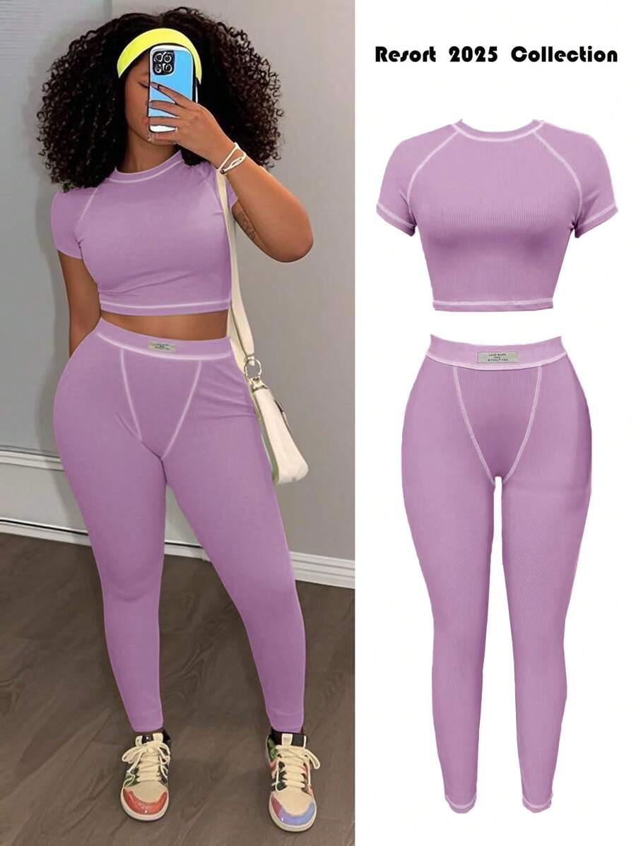 Slaydiva 2025 春夏新款休闲街头百搭运动基础修身绿色圆领短袖短款T恤和撞色腰裤女士两件套，适合音乐节、复活节、西部游牧风格、乡村风格、婚礼嘉宾、日常旅行、毕业季、派对聚会、俱乐部、运动健身、瑜伽 - B 薰衣草两件套紫色两件套女士女士两件套服装