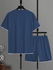 Manfinity Homme Contrast Trim Patch Round Neck T-Shirt And Drawstring Waist Pocket Shorts 2-Piece Set Casual Two Pieces Set Men Men Clothes Men T Shirt Co Ords Mens 2 Pieces Outfits Summer