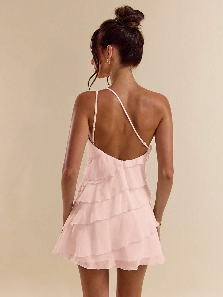 SHEIN BAE 夏季海滩度假纯色杏色分层荷叶蛋糕迷你连衣裙，适合日常约会、夜间外出、夜总会、派对、聚会、鸡尾酒会、泳池派对、返校季服装、学校季连衣裙、节日连衣裙、音乐节服装、乡村音乐节服装、演唱会服装