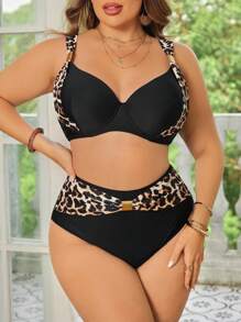 SHEIN Swim Curve Plus Size Women Leopard Print Padded Tankini Swimsuit Set For Summer Beach Vacation