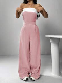 Muchica Women's Casual Contrast Color Summer Jumpsuit - Baby Pink - View 5