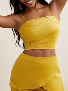 SOPHIA JUDE Golden Satin Overlap Ruching Crop Top Women Summer Outfits