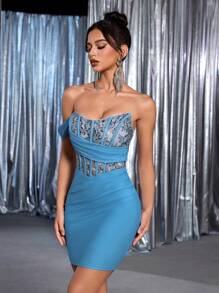 SHEIN Belle Elegant And Gorgeous Blue Embroidered Sequined Lace Stitching Elastic Knitted Fishbone Pressing Line Pleated Slit Fishtail Hip Skirt Side Floating Piece Suitable For Wedding Events Bachelorette Party Holiday Dinner Dance Homecoming Season Birthday Young Cocktail Tea Party Dress,Birthday Dress,Graduation,Teacher Outfits For Women,Teacher Dress - Blue - View 7