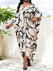SHEIN Lady Plus Size Elegant Commuter All-Over Print Batwing Sleeve Dress - Multicolor - View 1