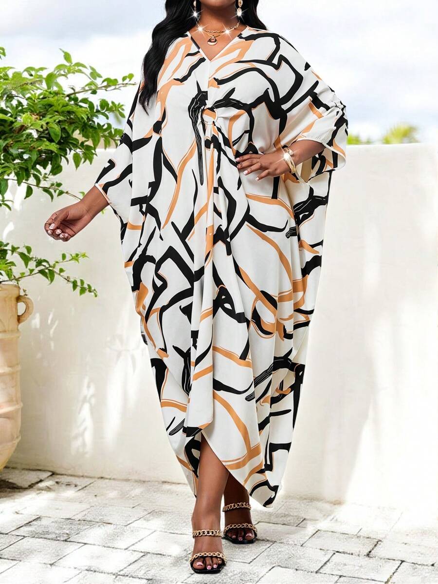 SHEIN Lady Plus Size Elegant Commuter All-Over Print Batwing Sleeve Dress - Multicolor - View 1