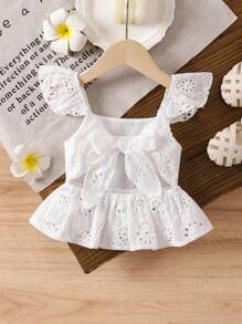 SHEIN LMoss Kids 女婴白色刺绣蝴蝶结背心，百搭夏季度假装 - 白色 - 查看 1