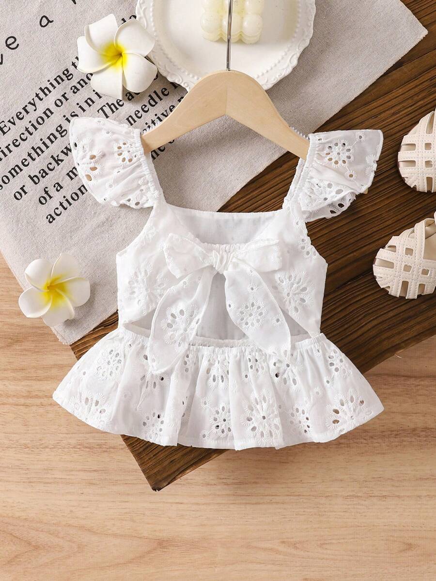 SHEIN LMoss Kids 女婴白色刺绣蝴蝶结背心，百搭夏季度假装 - 白色 - 查看 1