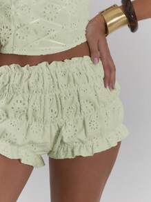 MUSERA 层叠迷你荷叶边镂空刺绣短裤，夏季度假伊比沙岛波西米亚风海滩派对 - 薄荷綠 - 查看 5