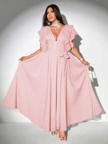 Viva Relle 大码女式优雅浪漫系带深 V 领荷叶边袖 A 字形雪纺连衣裙 - 粉色 - 查看 6