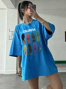 DAZY Women's Loose Pattern Printed Streetwear T-Shirt Graphic Tee - Blue - View 6
