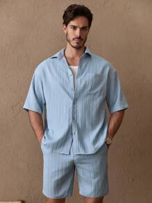 Manfinity VCAY 2pcs/Set Men's Casual Wave Print Loose Raglan Sleeve Shirt & Drawstring Waist Solid Shorts Set - Blue - View 5