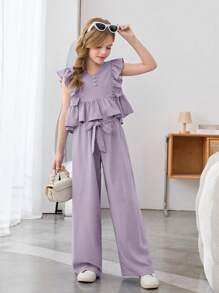 SHEIN Leap Crew Tween Girls Chiffon Ruffled V-Neck Blouse With Bowknot & Wide Leg Pants 2Pcs Casual Set, Countryside Style For Spring Outing, Garden Afternoon Tea - Mauve Purple - View 3