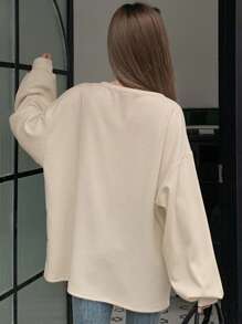 DAZY Women Solid V-Neck Drop Shoulder Long Sleeve Casual Loose T-Shirt Womens Waffle Knit Top Womens Knit Top Waffle Top Solid Color Top Womens Sweater Top